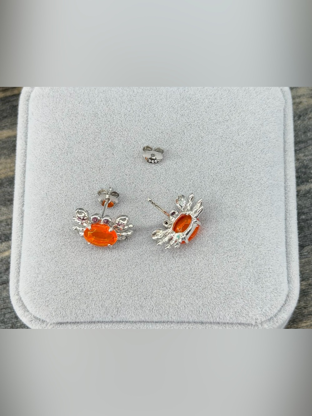 Stunning Natural Orange Fire Opal 8x6mm Crab 925 Sterling Silver Earrings - Picture 8 of 11